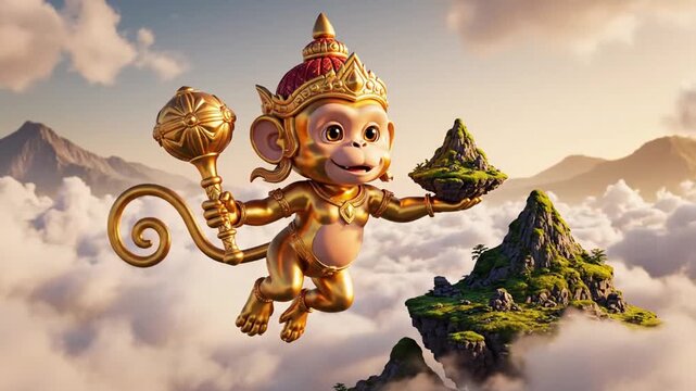 Animated monkey character holding a tray with greenery floating above mountain landscape in surreal sky environment
