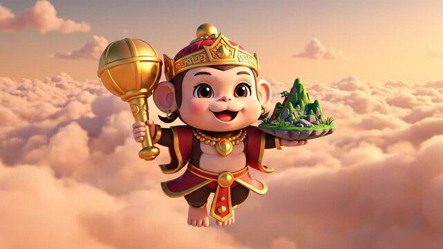 Animated joyful deity character flying through colorful sky above clouds holding a globe and a scroll in a magical fantasy scene