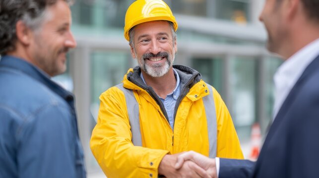 Group of construction workers greet a business manager with a handshake at the entrance of a building site with glass walls during daylight