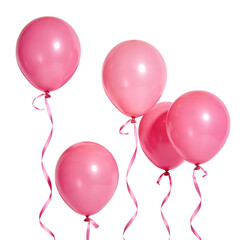 Five shiny pink balloons with ribbons, ideal for festive celebrations like birthdays, weddings, or anniversaries. Perfect for party decorations and event styling.
