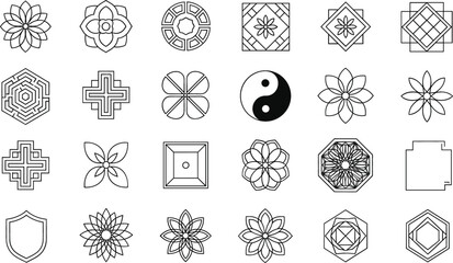 Minimal geometric mandala and sacred symbol icon set with floral spiritual line art decorative vector design