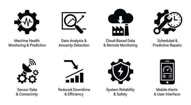 Machine health monitoring icons featuring predictive maintenance data analysis and remote monitoring