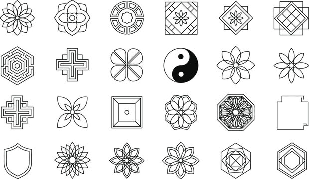 Minimal geometric mandala and sacred symbol icon set with floral spiritual line art decorative vector design