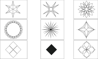 Minimal geometric vector icon set with stars diamonds circular frames and abstract decorative line art