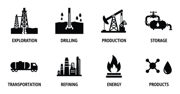 Oil industry stages of production process from exploration and drilling to transportation icons