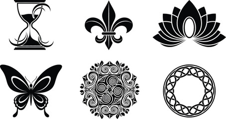 Ornamental symbolic vector icon set with lotus butterfly fleur de lis mandala hourglass and decorative motifs © MDSOBUJ