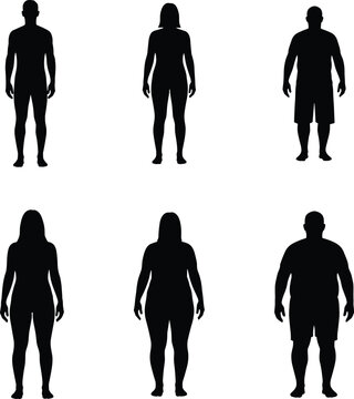 Male and female body type silhouette set showing different human shapes, proportions and body sizes isolated on white background
