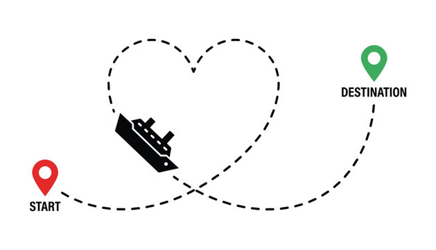 Ship in love and travel route vector black line destination and start outline illustration