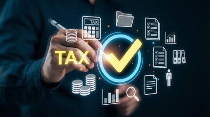 A person is writing the word tax with digital icons surrounding their hand illustrating financial compliance and reporting high quality professional detailed