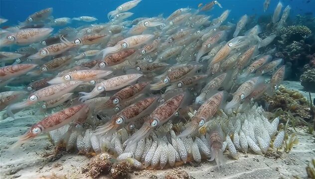 A shoal of squid (Loligo formosana) come to breeding and lay their eggs in cases on the sea floor.