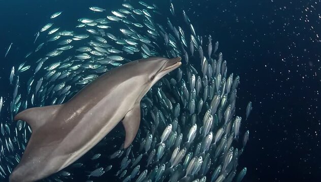 Close up of the spinner dolphin (Stenella longirostris) hunt lantern fish in the depths in the Pacific ocean, off the coast of Costa Rica, Central America
