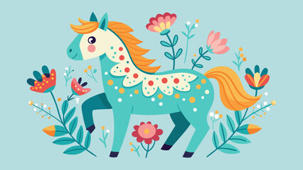 Obraz premium Playful cartoon horse with floral patterns and festive dots, minimal composition