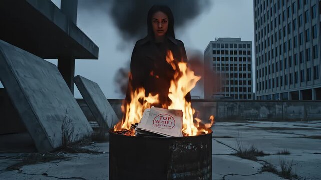 Cinematic shot of a female spy destroying top secret documents by burning them in a barrel on an urban rooftop