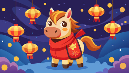 Naklejka premium Cute horse character wearing a small red scarf, surrounded by floating lanterns and sparkles
