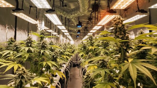 Commercial marijuana cultivation inside a grow room under bright LED lights showing mature plants and hydroponics