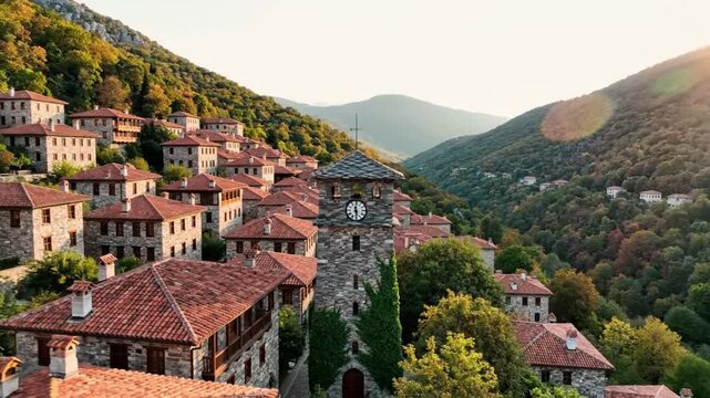 Drone view of the charming village of Metsovo nestled in the Pindus Mountains in Greece at sunset