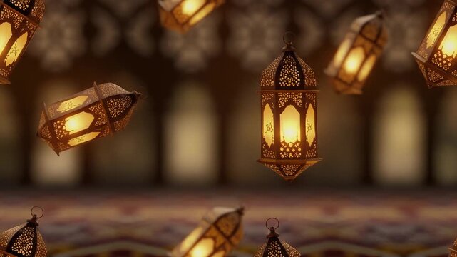 Ramadan lantern scene with blur background, animated virtual repeating seamless 4k 