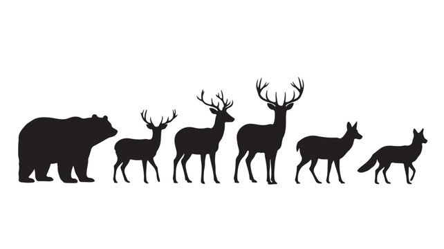 North American Forest Animals Iconic Graphic Black Silhouettes in a Row for Wildlife Education.