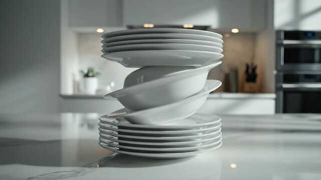 A stack of white dinner plates on a kitchen countertop with a blurred kitchen background and a modern interior design