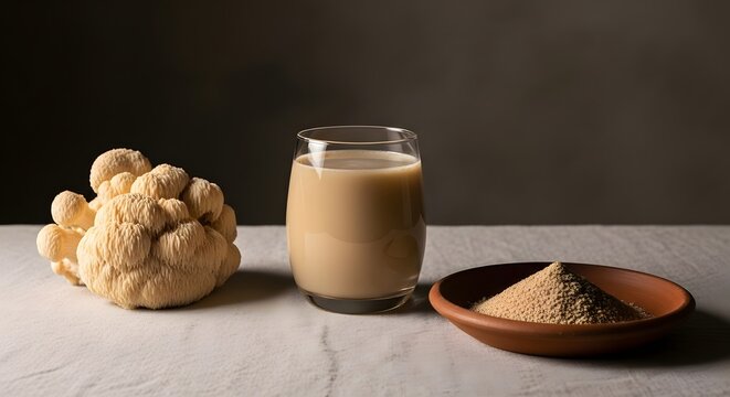 lion's mane mushroom in a glass of milk with mushroom powder on a white table