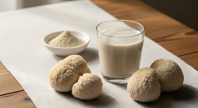 Lions mane mushroom beverage with fresh pom pom fungi and supplement powder on linen cloth