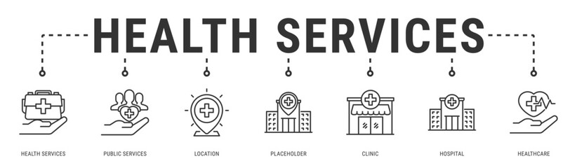 Health Services web banner icon vector illustration with Health Services, Public Services, Location, Placeholder, Clinic, Hospital and Healthcare