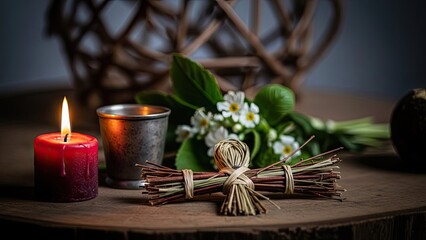 Fototapeta premium A serene still life with a lit candle and herbs on a wooden table