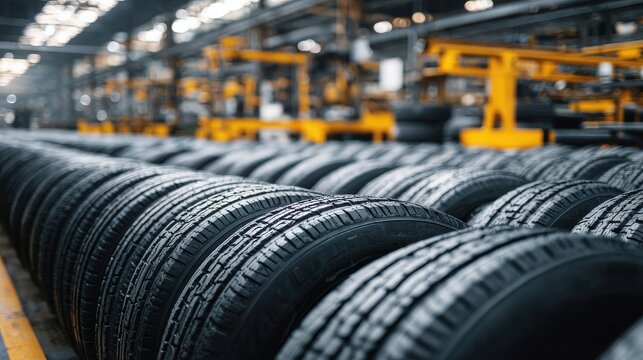 production of tires lined in rows shiny black surface on blurred background 