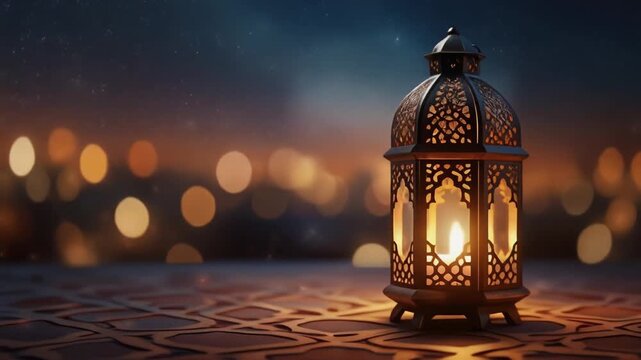 Lantern with candle at ramadan night bokeh blur background. Seamless looping time-lapse virt.
