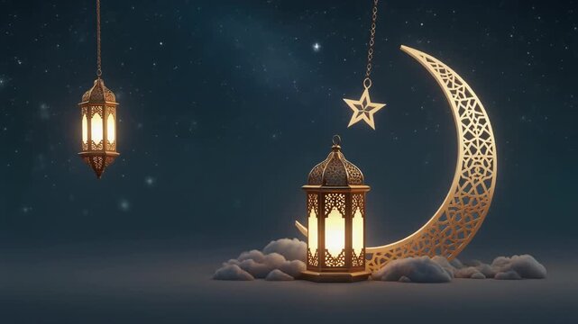 Islamic background for ramadan lantern and crescent moon. seamless looping 4K virtual video 
