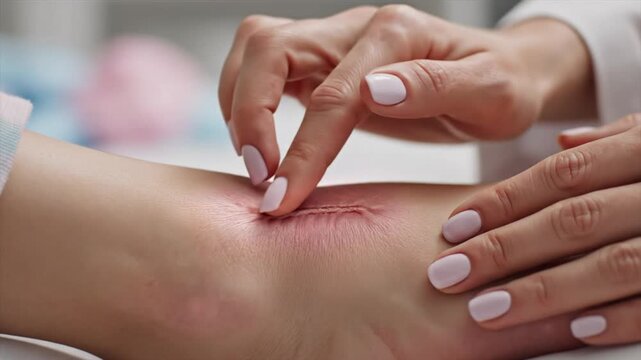 Examining Surgical Incision Wound on Ankle with Pinkish Skin, Medical Professional Examining, Healing Process