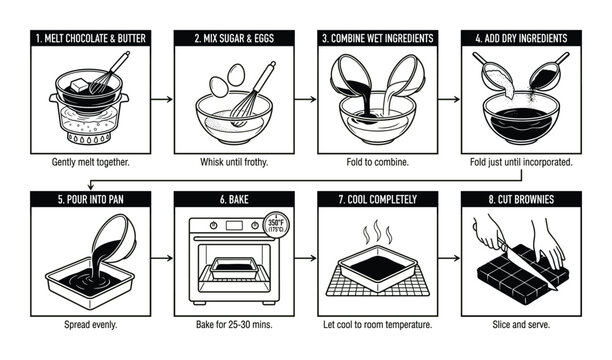 Brownie baking instructions simple guide vector illustration isolated on transparent background