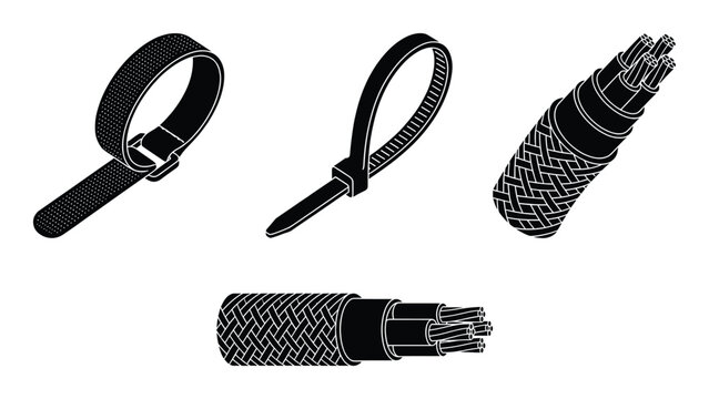 Cable and velcro tie vector outline illustration set of power cord elements bundle