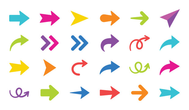 Collection of colorful arrows in different shapes pointers set for business purpose signs