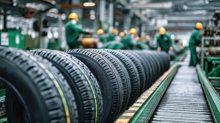Fototapeta premium production of tires stacked on conveyor belt workers inspecting on blurred background 
