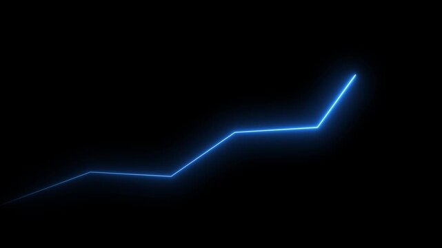 A bright electric blue neon line forms a sharp angular graph or chart rising upwards against a completely black background, suggesting growth or progress in a digital or abstract context
