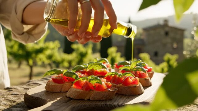 Pouring olive oil over bruschetta with tomatoes and basil on a rustic wooden board outdoors in the Italian countryside