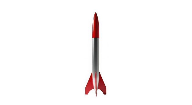 Red and silver model rocket on isolated transparent background