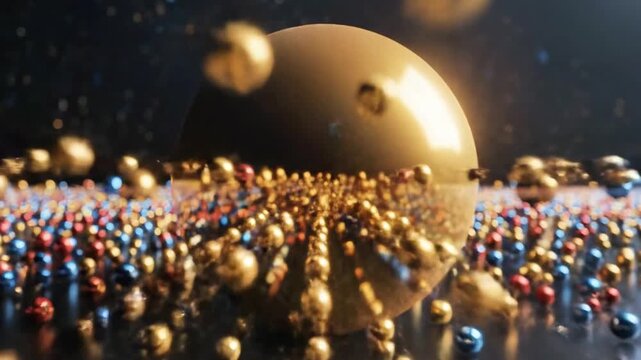 A cluster of shiny metallic spheres in various sizes and warm hues of gold, bronze, and copper, reflecting light and arranged in a seemingly organic pattern