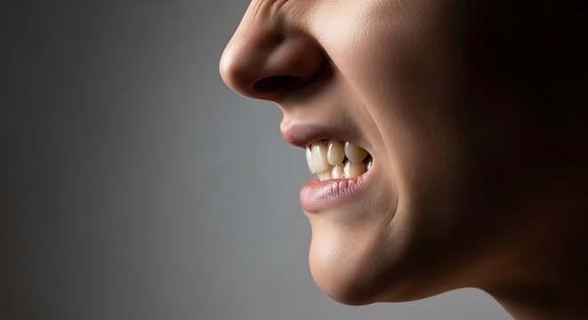 Close-up profile of a person's clenched jaw and bared teeth expressing anger, frustration, or pain