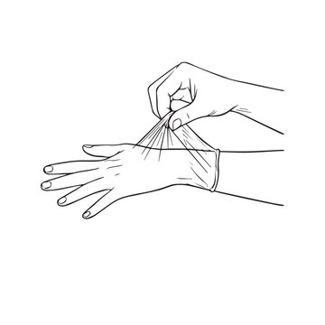 Line drawing of hands putting on a medical protective glove
