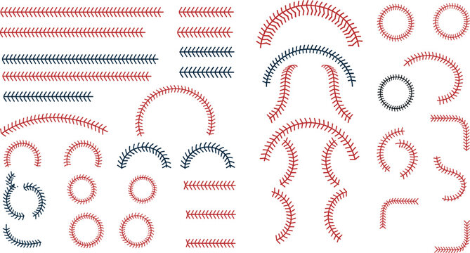 Baseball stitch decorative vector set with curved seams, circular elements and sport design collection