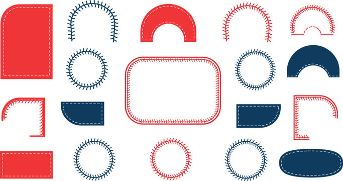 Baseball stitch frame and label vector set with rounded shapes, decorative borders and sport design elements