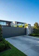 Obraz premium Elite modern estate entrance featuring a massive anthracite sliding security gate, viewed from the start of the long private stone driveway, property, gate, vast