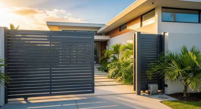 Contemporary tropical home exterior featuring a sleek anthracite sliding gate fence and minimal landscaping under warm sunlight, metal, home, house