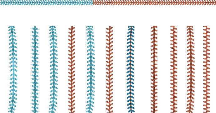 Baseball stitch pattern vector set with red and blue seam lines and sport design elements