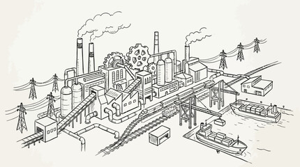 Industrial Action Scene, Factory Operations, Coastal Port, Illustration, Urban, Aerial View, Manufacturing Dynamics