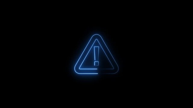 A bright neon blue outline of a triangular warning sign with an exclamation mark inside, glowing intensely against a pure black background, symbolizing alert or caution