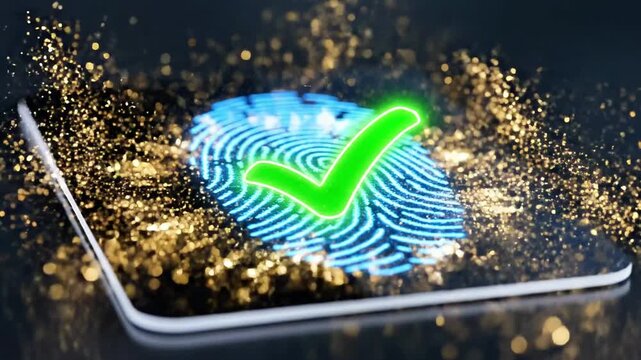 A smartphone screen displaying a glowing blue fingerprint surrounded by sparkling gold particles on a dark background