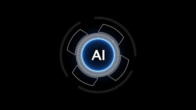 Futuristic glowing blue AI digital interface with concentric rings and segmented outer frame on a dark background representing artificial intelligence technology and innovation